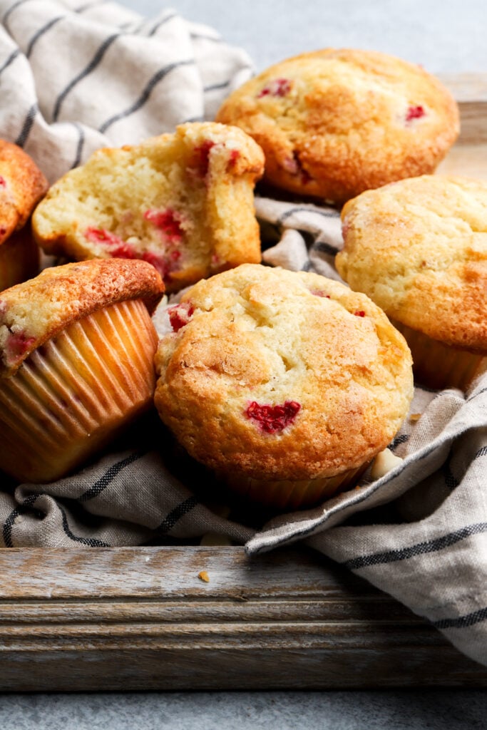 raspberry white chocolate muffin with a bite mark