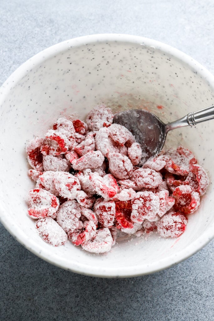 raspberries tossed in dry reserved flour