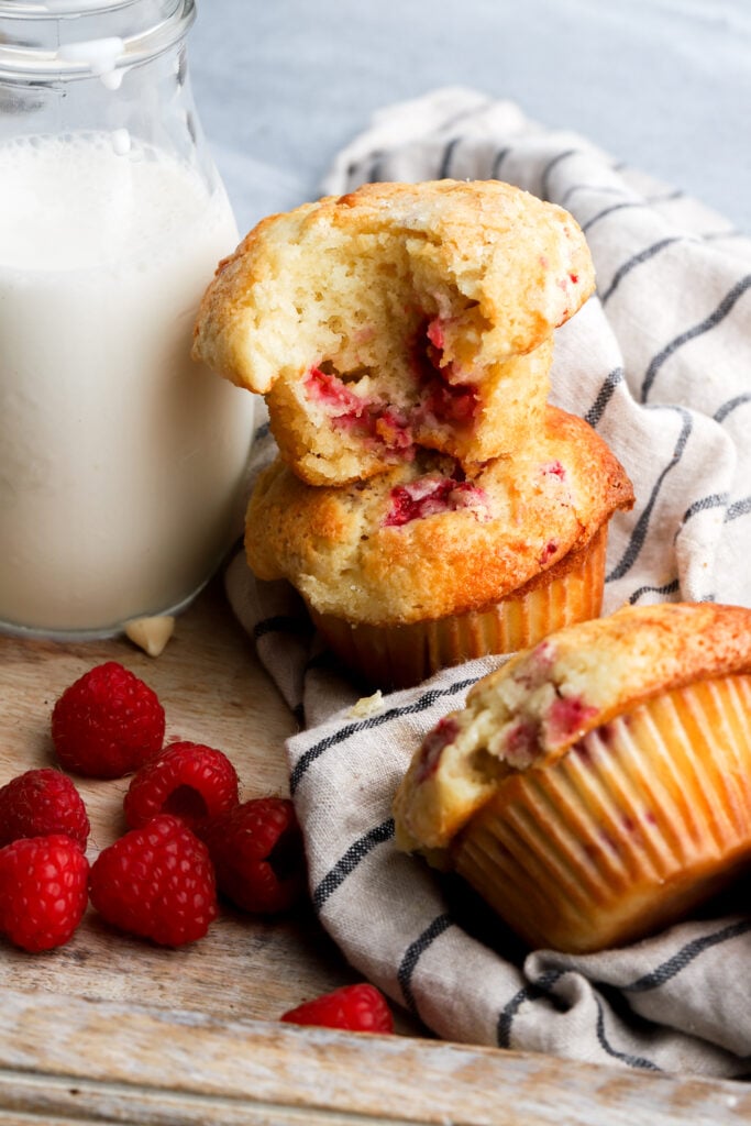white chocolate raspberry muffins stacked